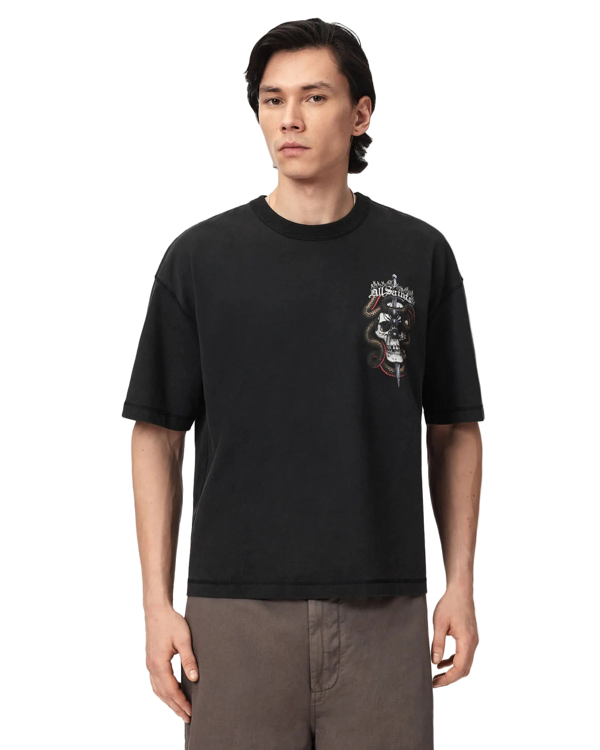 AllSaints Taraknid Boxy Graphic Tee Washed Black · vista trasera · Premium Avenue