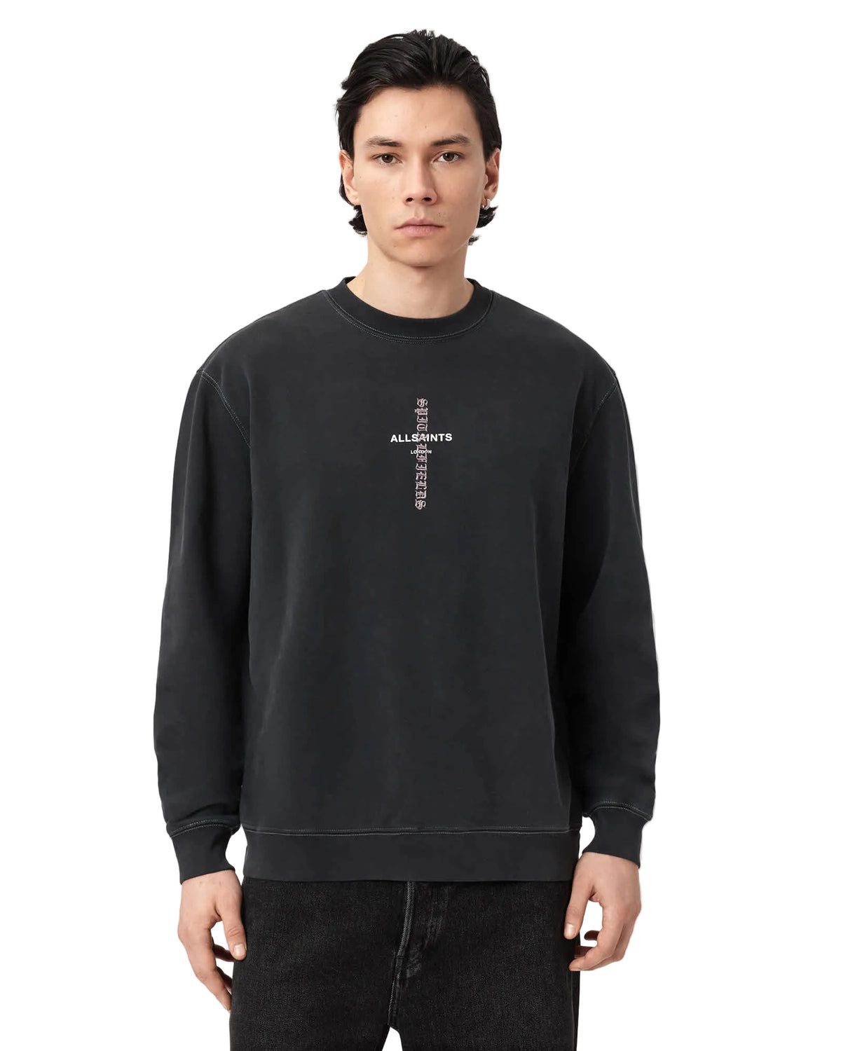 AllSaints Knox Boxy Embroidered Sweatshirt Washed Black · Premium Avenue