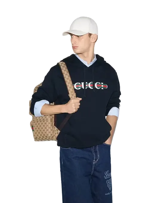 GUCCI - LOGO PRINTED HOODED SWEATSHIRT NAVY BLUE