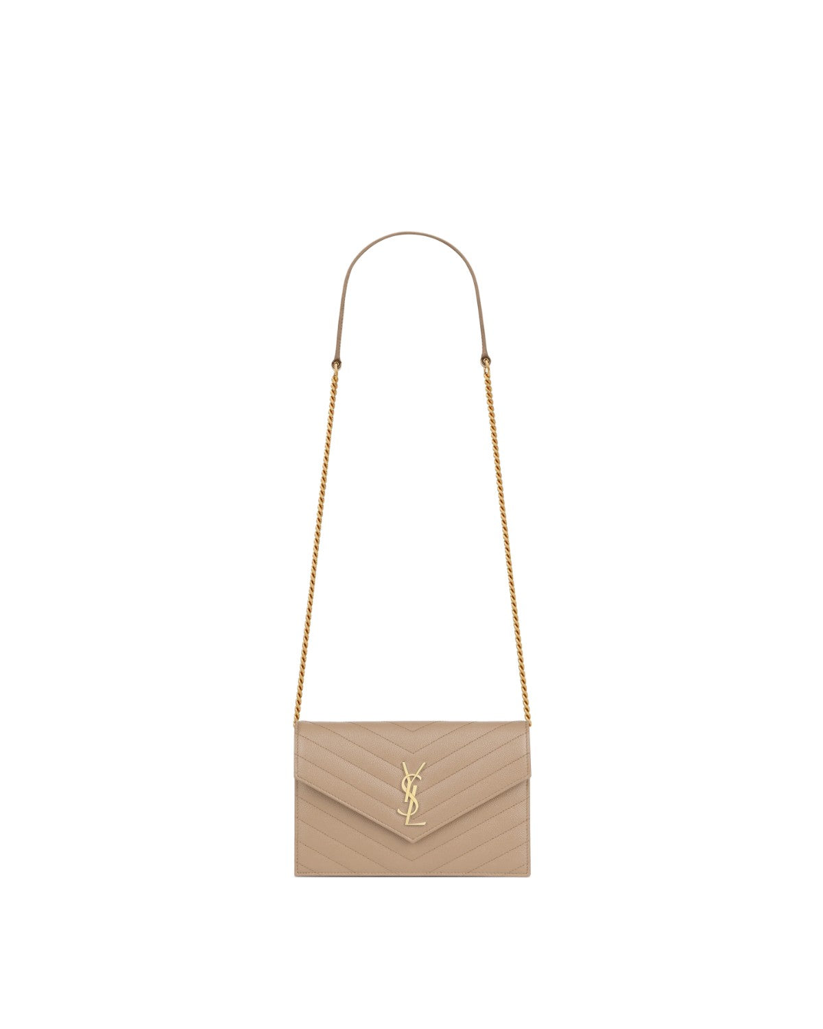 Saint Laurent Cassandre Envelope Chain Wallet Dark Beige · frente · Premium Avenue