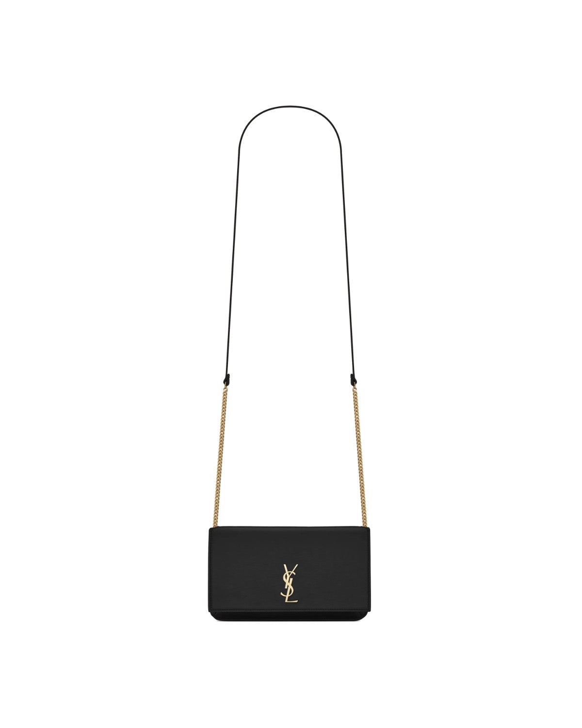 Saint Laurent Cassandre Phone Holder negro · frente con correa · Premium Avenue